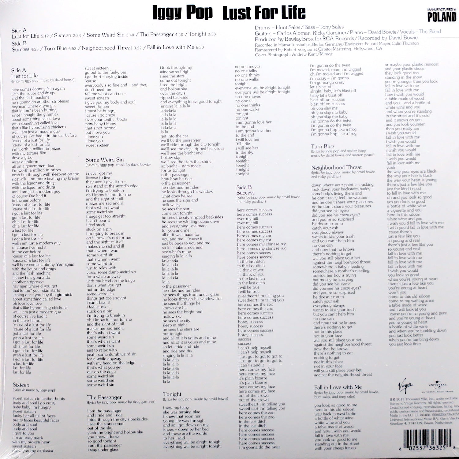 Iggy Pop - Lust For Life, E.U. 180g Vinyl LP Iggy Pop - Lust For Life, E.U. 180g Vinyl LP