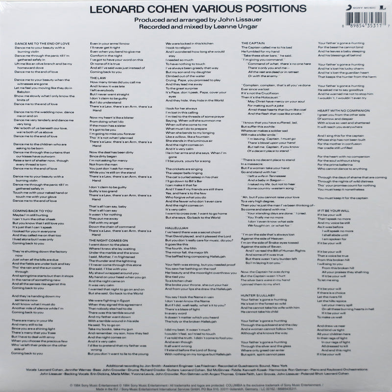 LEONARD COHEN 'Various Positions' 180g Vinyl LP