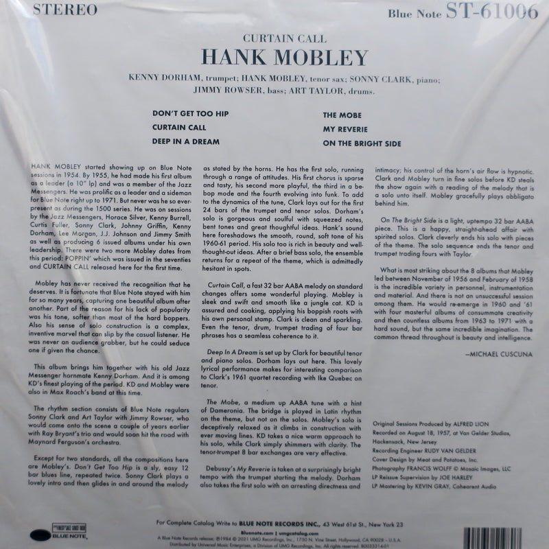 HANK MOBLEY 'Curtain Call' BLUE NOTE TONE POET 180g Vinyl LP